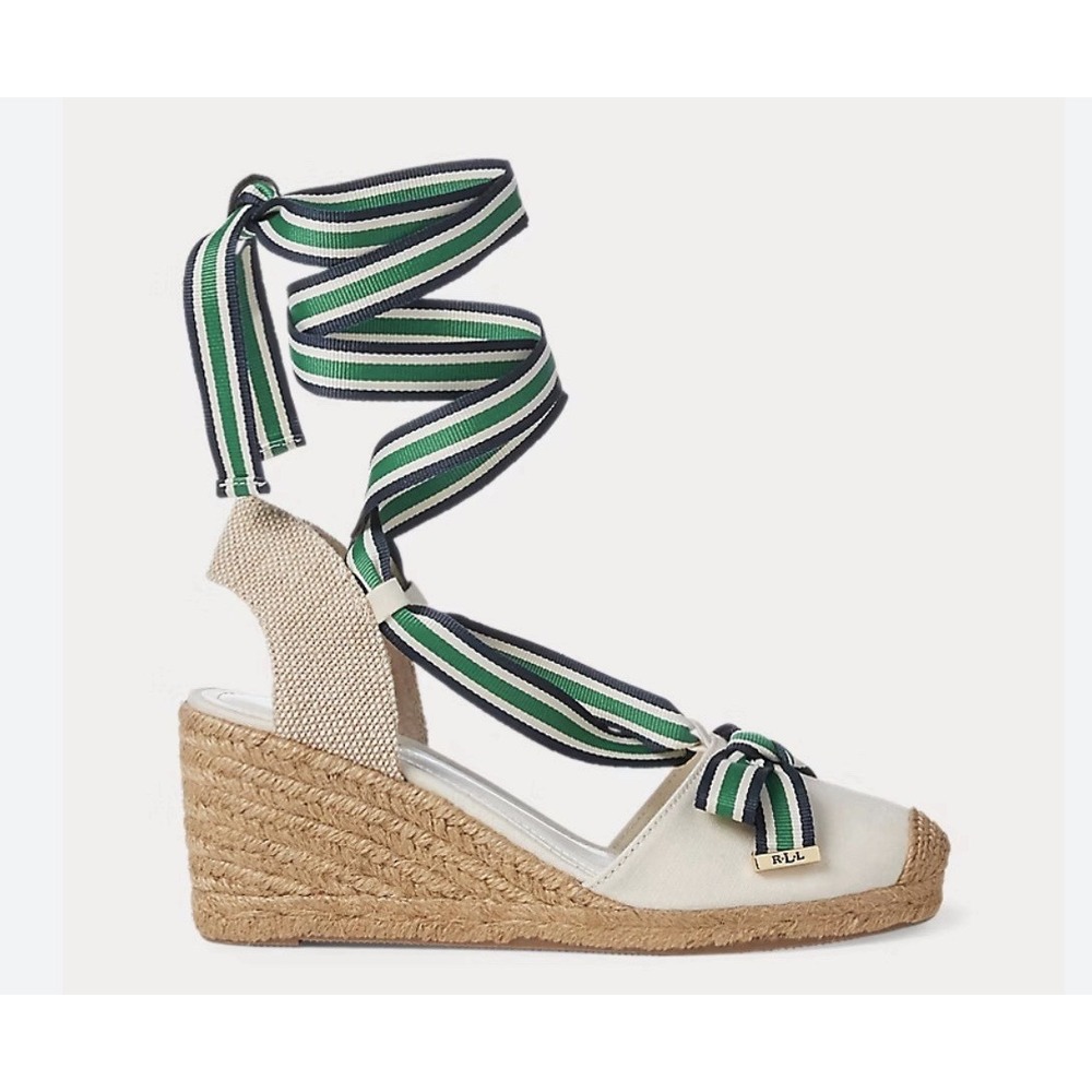 New Lauren Ralph Lauren Hollie Green Wedge Espadrille Ankle Tie Bow Size 8.5